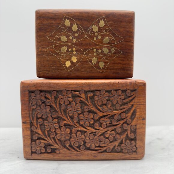 Vintage Handcrafted Wooden Boxes Set Trinkets Floral Leaf Designs Boho Decor - Picture 1 of 7